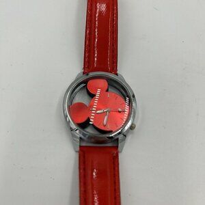 Disney Mickey Ear Shaped Dial Watch Cherry Red Dial & Band Transparent